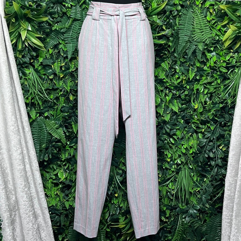 Express Pants Size 2L Pink Gray Ankle High Rise Striped Paperbag Waist 3430 - Picture 9 of 11